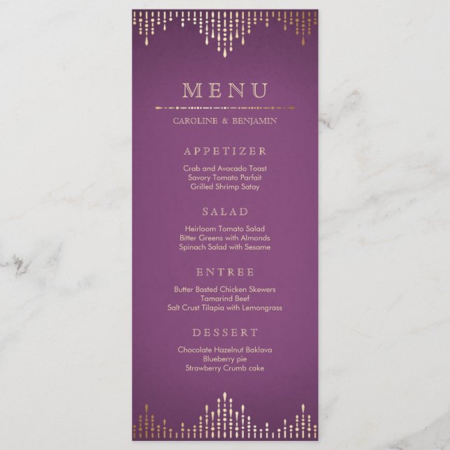 Gold and purple art deco vintage wedding menu (Front)