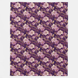 Gold and Purple Asian Floral  Fleece Blanket