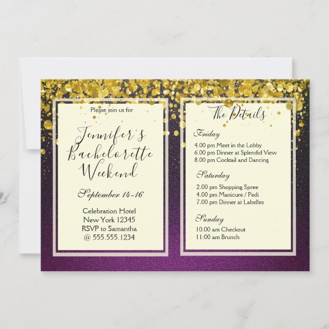 Gold and Purple Bachelorette Weekend Party Invitation (Front)