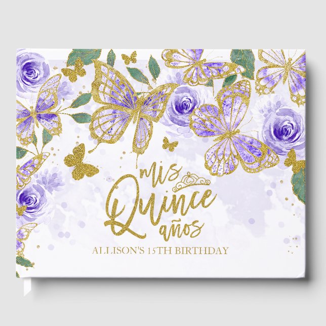 Gold And Purple Butterfly Floral Quinceanera Guest Book (Front)
