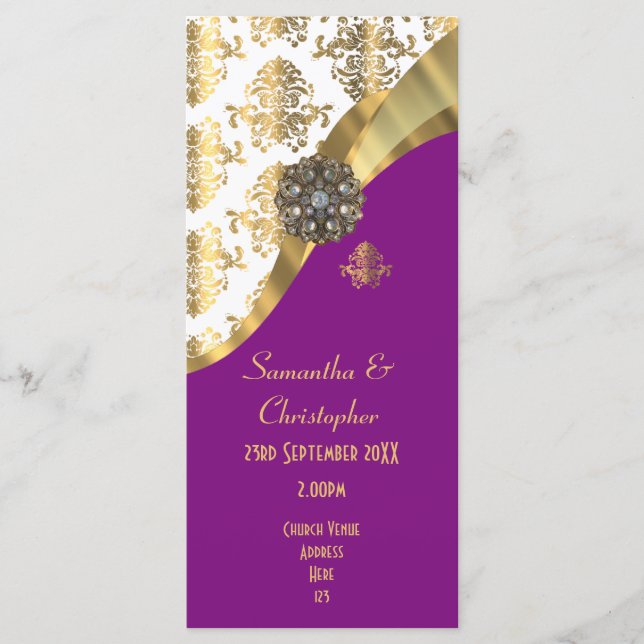 Gold and purple damask church wedding program programme (Front)