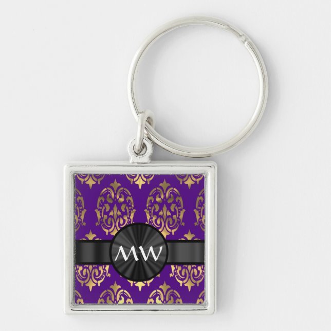 Gold and purple damask pattern key ring (Front)