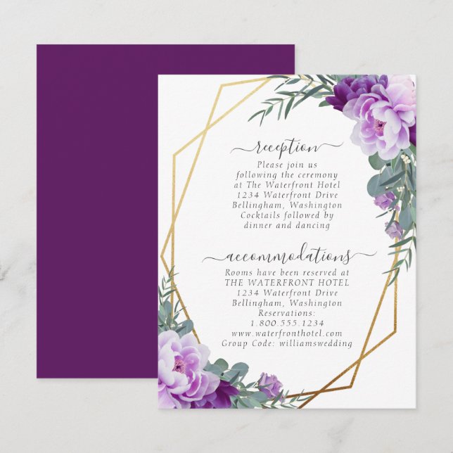 Gold and Purple Elegant Floral Wedding Details Enclosure Card (Front/Back)