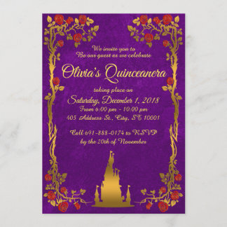 Gold and Purple Fairytale Quinceanera Invitation