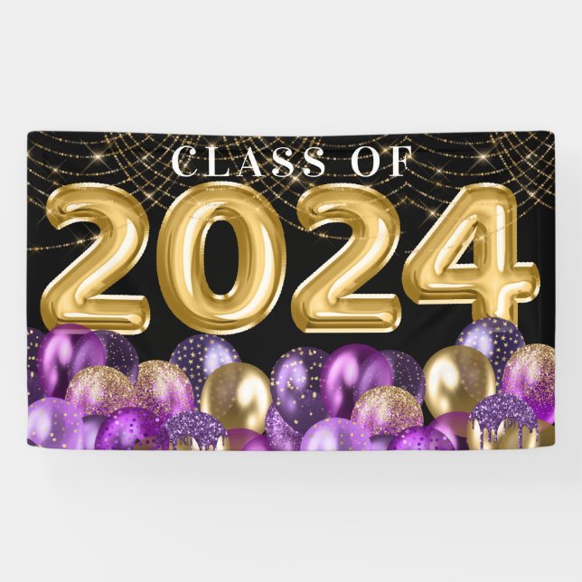 Gold and Purple Glitter Class of 2024 Graduation Banner (Horizontal)