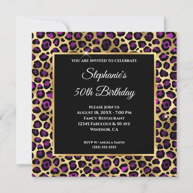 Gold and Purple Leopard Foil Glam 50th Birthday Invitation (Front)