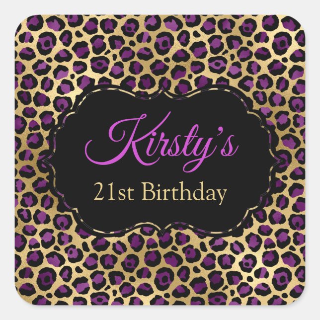 Gold and Purple Leopard Print Birthday Party Square Sticker (Front)