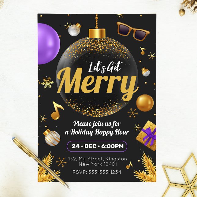 Gold and Purple Let's get Merry Christmas Fun Invitation (Creator Uploaded)