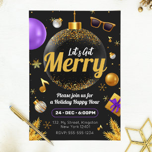 Gold and Purple Let's get Merry Christmas Fun Invitation Postcard