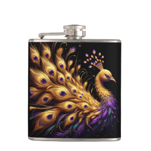 Gold and purple peacock glimmering brightly hip flask