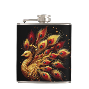 Gold and purple peacock glimmering brightly hip flask