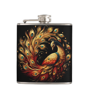 Gold and purple peacock glimmering brightly hip flask