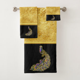 Gold and purple peacock gold foil with black bath towel set