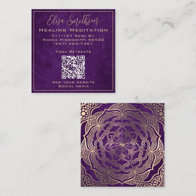   Gold And Purple Reiki Healing Meditation Mandala Square Business Card (Front/Back)