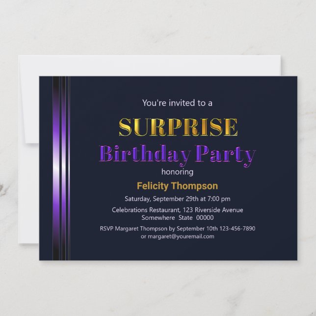 Gold and Purple Surprise Birthday Party Invitation (Front)