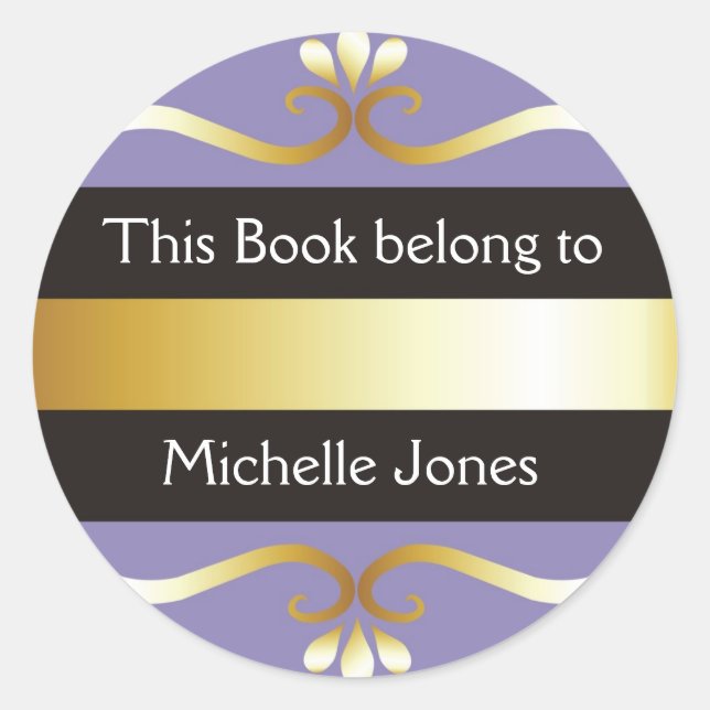 Gold And Purple This Book Belongs To Bookplates Classic Round Sticker (Front)