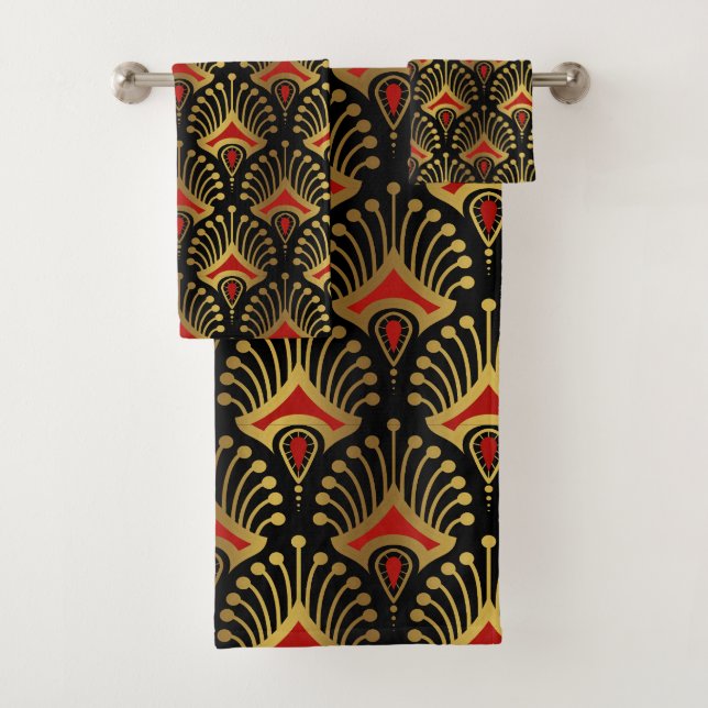 Gold and red Art Deco pattern on black Bath Towel Set (Insitu)