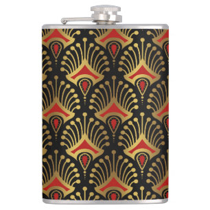 Gold and red Art Deco pattern on black Hip Flask