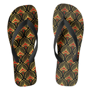 Gold and red Art Deco pattern on black Jandals