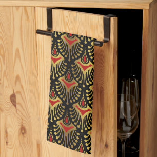 Gold and red Art Deco pattern on black Kitchen Tow Tea Towel