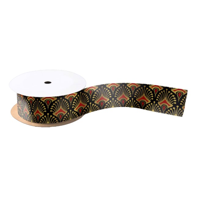 Gold and red Art Deco pattern on black Satin Ribbon (Spool)