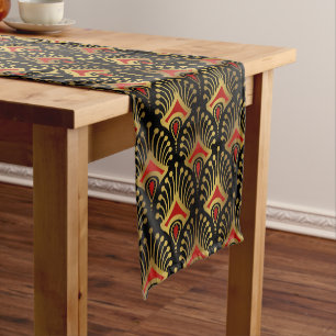 Gold and red Art Deco pattern on black Short Table Runner