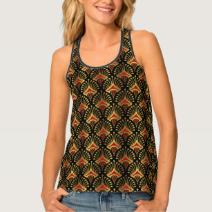 Gold and red Art Deco pattern on black Singlet