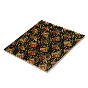 Gold and red Art Deco pattern on black Tile