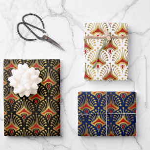 Gold and red Art Deco pattern on black Wrapping Paper Sheet