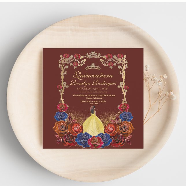 Gold and Red Burgundy Luxury Quinceanera  Invitation (Creator Uploaded)