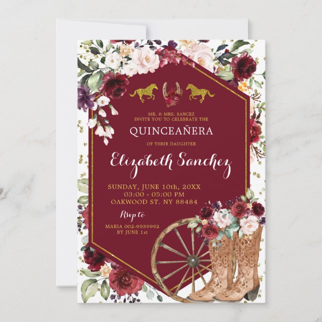 Gold and Red Burgundy Western Charra Quinceañera Invitation (Front)