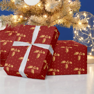 Gold and Red Christmas Holly Wrapping Paper