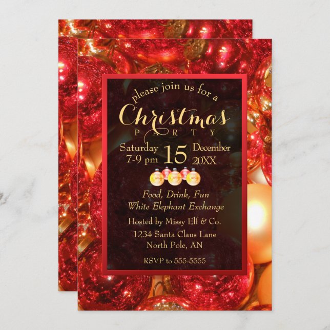 Gold and Red Christmas Ornaments Invitation (Front/Back)