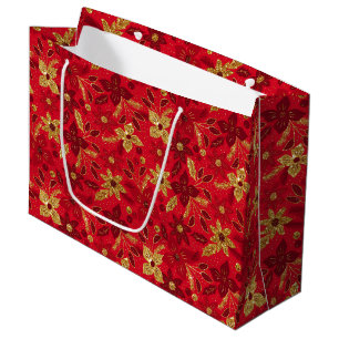 Gold and Red Christmas Poinsettia Flowers Large Gift Bag
