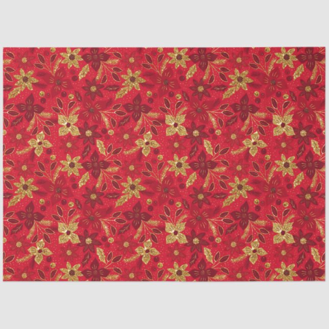 Gold and Red Christmas Poinsettia Flowers Tissue Paper (Front)