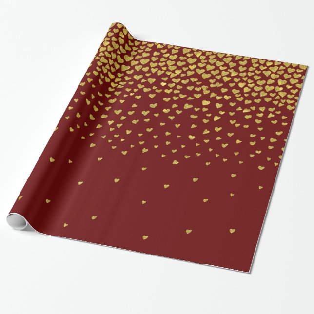 Gold and Red Confetti Hearts Wrapping Paper (Unrolled)