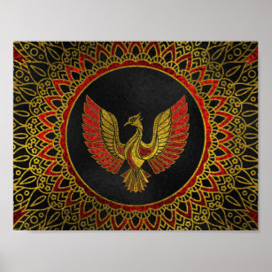 Gold and red Decorated Phoenix bird symbol Poster