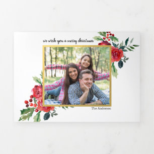 Gold and red floral berries Christmas Multi Photo Tri-Fold Holiday Card