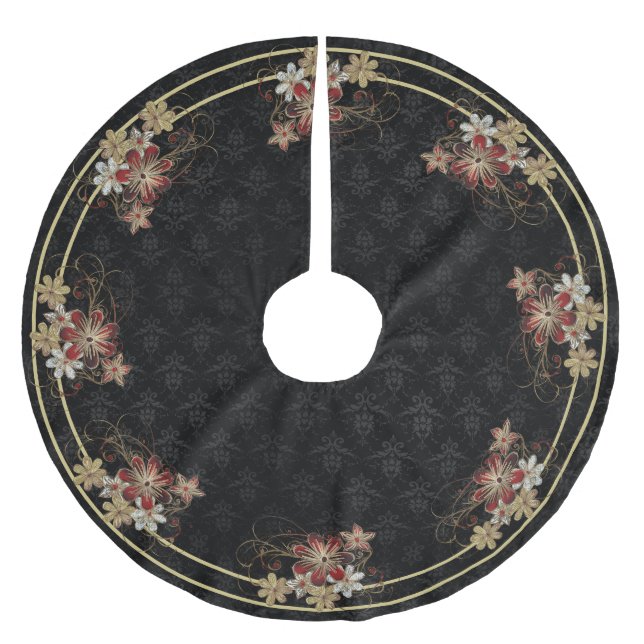Gold and Red Floral Brushed Polyester Tree Skirt (Front)