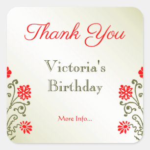 Gold and Red Floral Thank You Elegant Etching Square Sticker