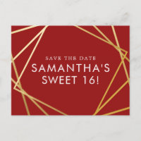 Gold and Red Geometric Sweet 16 Save the Date