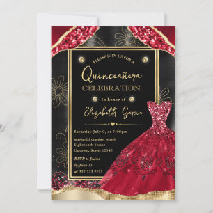 Gold and Red Glitter Dress Quinceanera Invitation