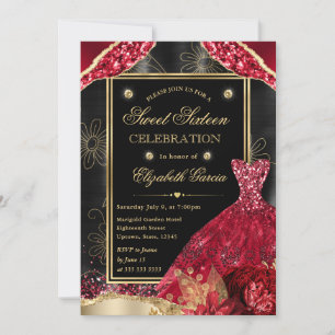 Gold and Red Glitter Dress Sweet Sixteen Invitation