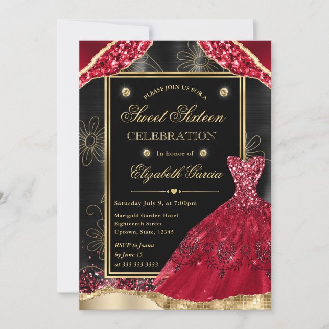 Gold and Red Glitter Dress Sweet Sixteen Invitation (Front)