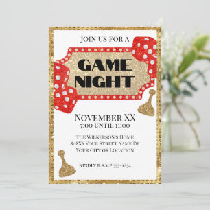 Gold and Red Glitter Glamourous Board Game Night Invitation