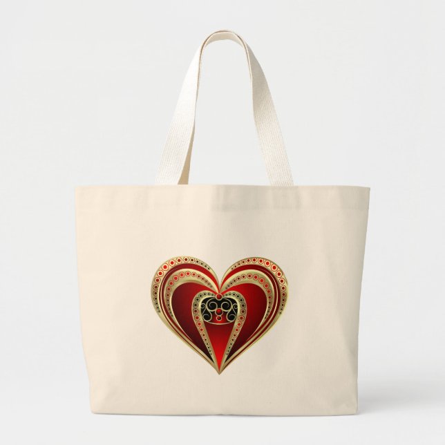 Gold and Red Heart Large Tote Bag (Front)