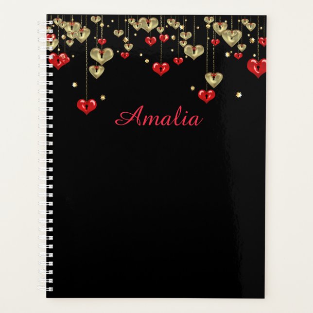 Gold and red hearts on black background planner (Front)