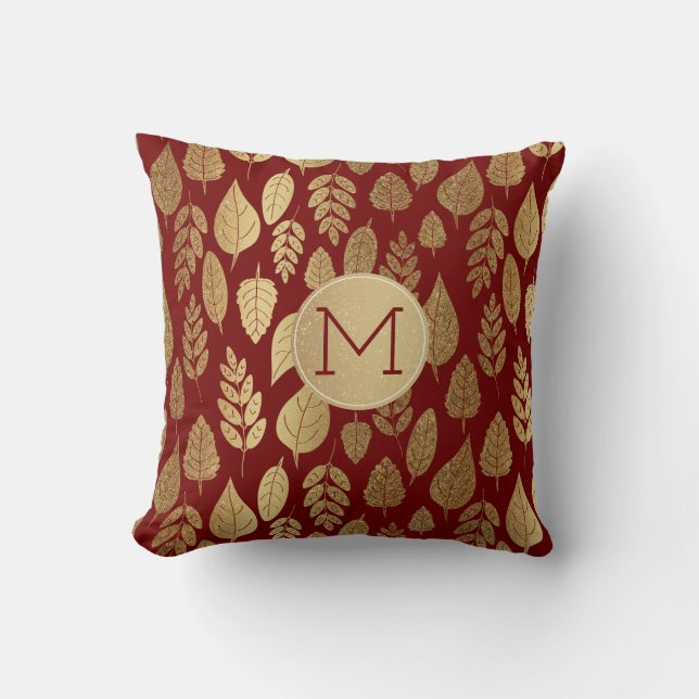 Gold and Red Leaf Pattern & Monogram Cushion (Front)