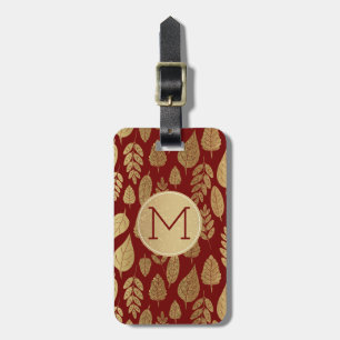 Gold and Red Leaf Pattern & Monogram Luggage Tag