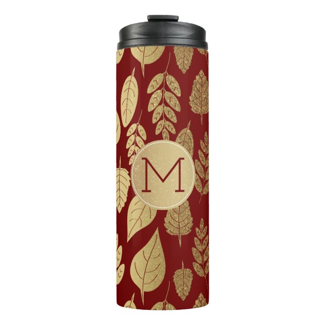 Gold and Red Leaf Pattern & monogram Thermal Tumbler (Front)